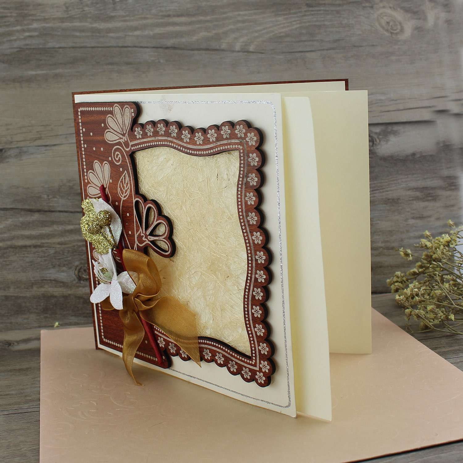 Delicate Wooden Invitation Card With Butterfly Bow Wedding Invitation Card with Hand Bag